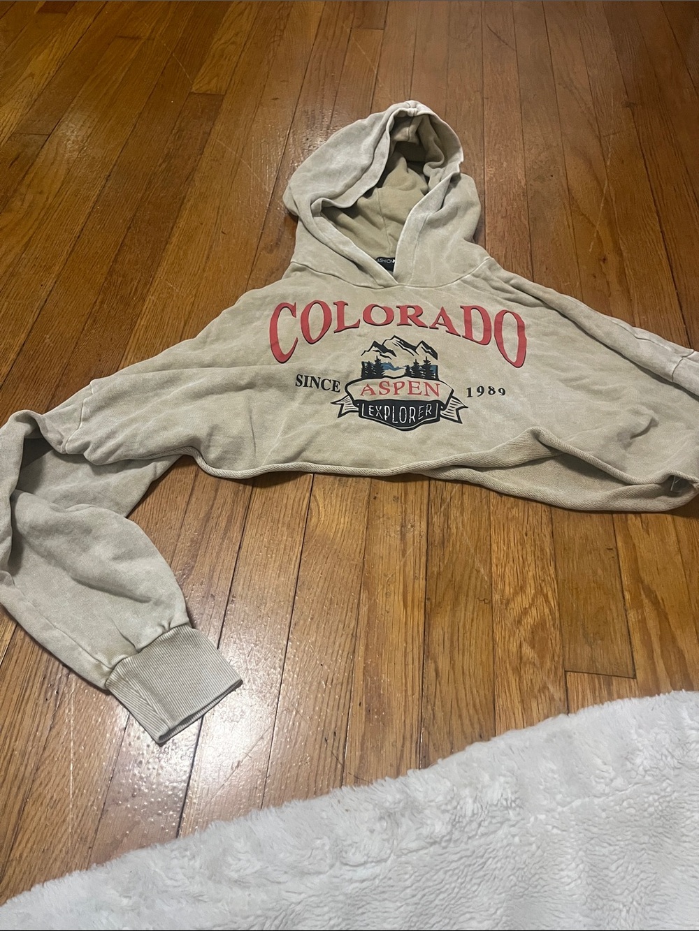 Fashion Nova Beige Cropped Aspen Explorer Hoodie with Red Graphic